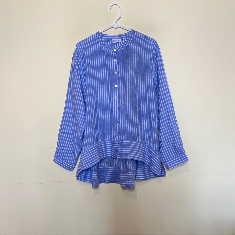 Foil Linen High-Low Blue White Striped Breezy Top Tunic Size 14 Field of Dreams